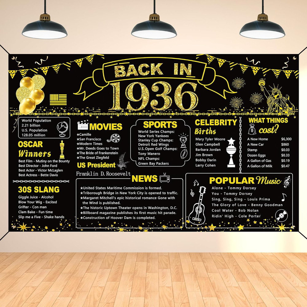 90Th Birthday Black Gold Party Decoration, Back in 1936 Banner 90 Year Old Birth
