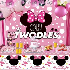 Pink Mouse Happy Birthday Banner Hanging Swirls Tablecloth Cake Topper Balloon