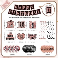 Sweet 16 Birthday Decorations Set, 52Pcs Rose Gold & Black, Crown, Sash, Banner,