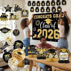 Graduation Decorations 2026 Black Gold Themed Set Included Congrats Grad Bann…