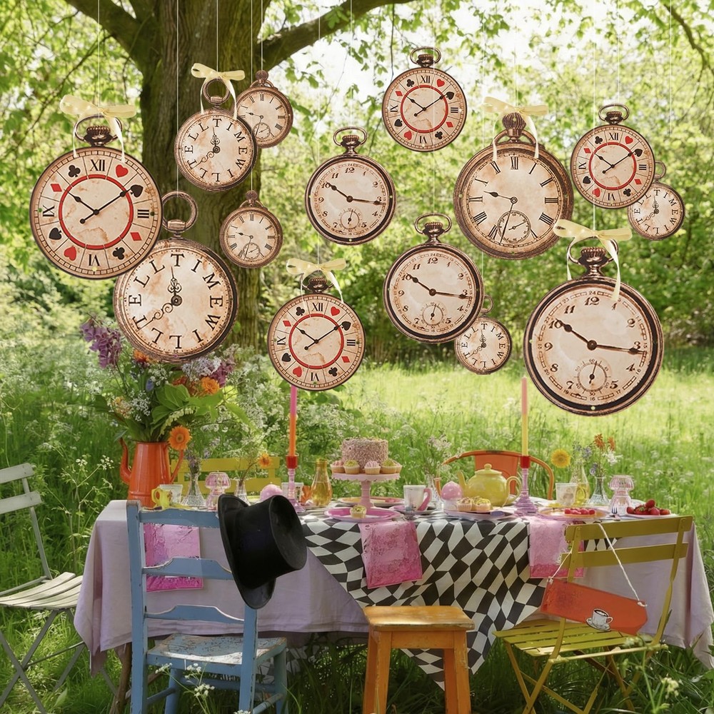 Epakh 20 Pcs Vintage Clock Cardboard Hanging Banner Wonderland Tea Party Deco…