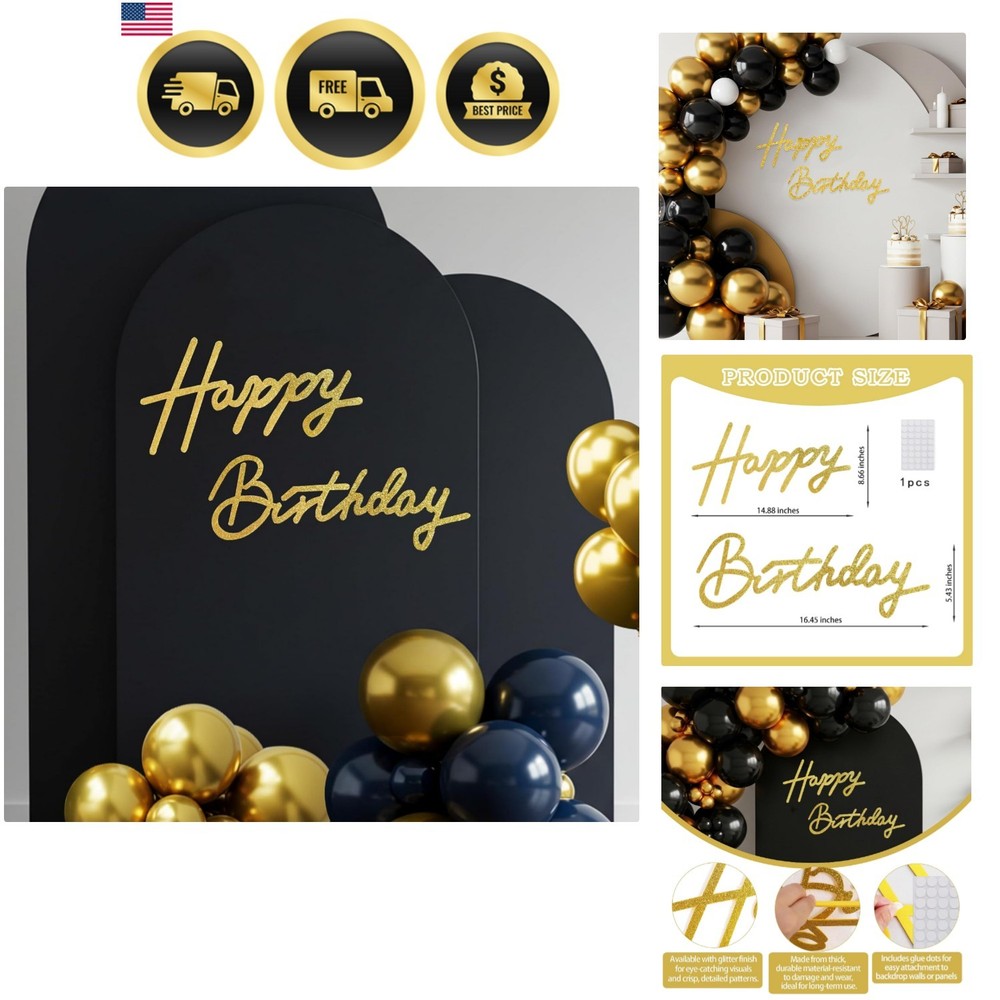 Happy Birthday Sign for Backdrop – Glitter Gold Felt Banner – Includes Dot Gl…