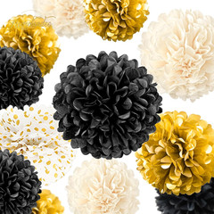Black Gold Party Decorations, 15 PCS Tissue Paper Pom Poms Kit for 2026 Graduati