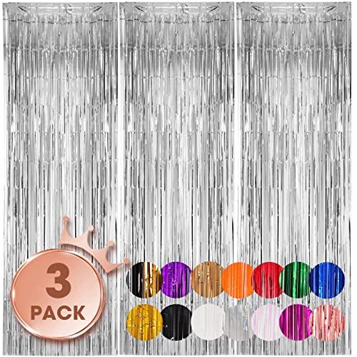 3 Pack 3.3×8.2 Feet Silver Foil Fringe Backdrop Curtains, Tinsel 07 Silver