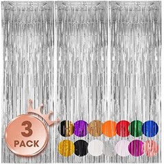 3 Pack 3.3×8.2 Feet Silver Foil Fringe Backdrop Curtains, Tinsel 07 Silver