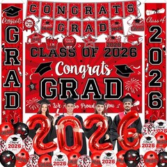Graduation Decorations Class of 2026 Red Party Supplies Banner Balloons Swirl…