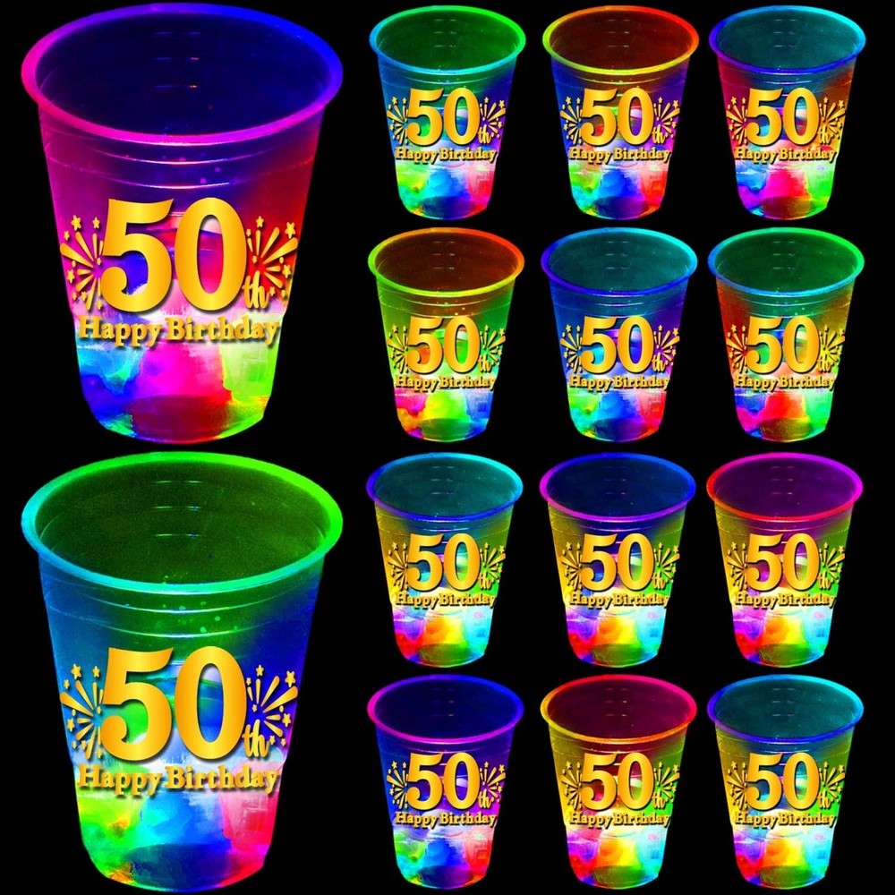mishunyus 24 Pack Glow 50th Birthday Party Cups – 16 oz 50th Cups with Gold F…