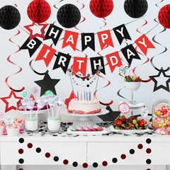Vibrant Red & Black Birthday Decorations Set with Banner & Honeycomb Balls
