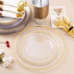 350PCS Clear Plastic Plates with Gold Trim for 50 Guests, Disposable Dinnerwa…