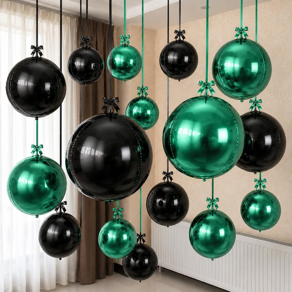 Green Black Balloons, 16PCS Different Sizes 4D Round Foil Balloon Large Spher…