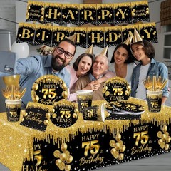 75th Birthday Decorations for Men Women, 142Pcs Black Gold 75th Birthday Deco…