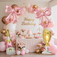 6 Pcs Pink Bow Balloons, Huge Rose Gold Champagne Bottle Goblet Aluminum Foil…