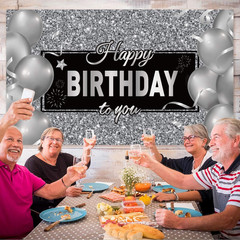 Black Silver Happy Birthday Banner Backdrop Party Decoration for Men Women Birth