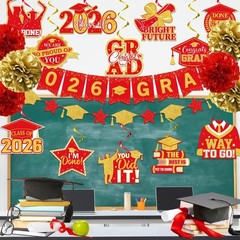 Red and Gold Graduation Decorations, 2026 Grad Banner Congrats Red&gold