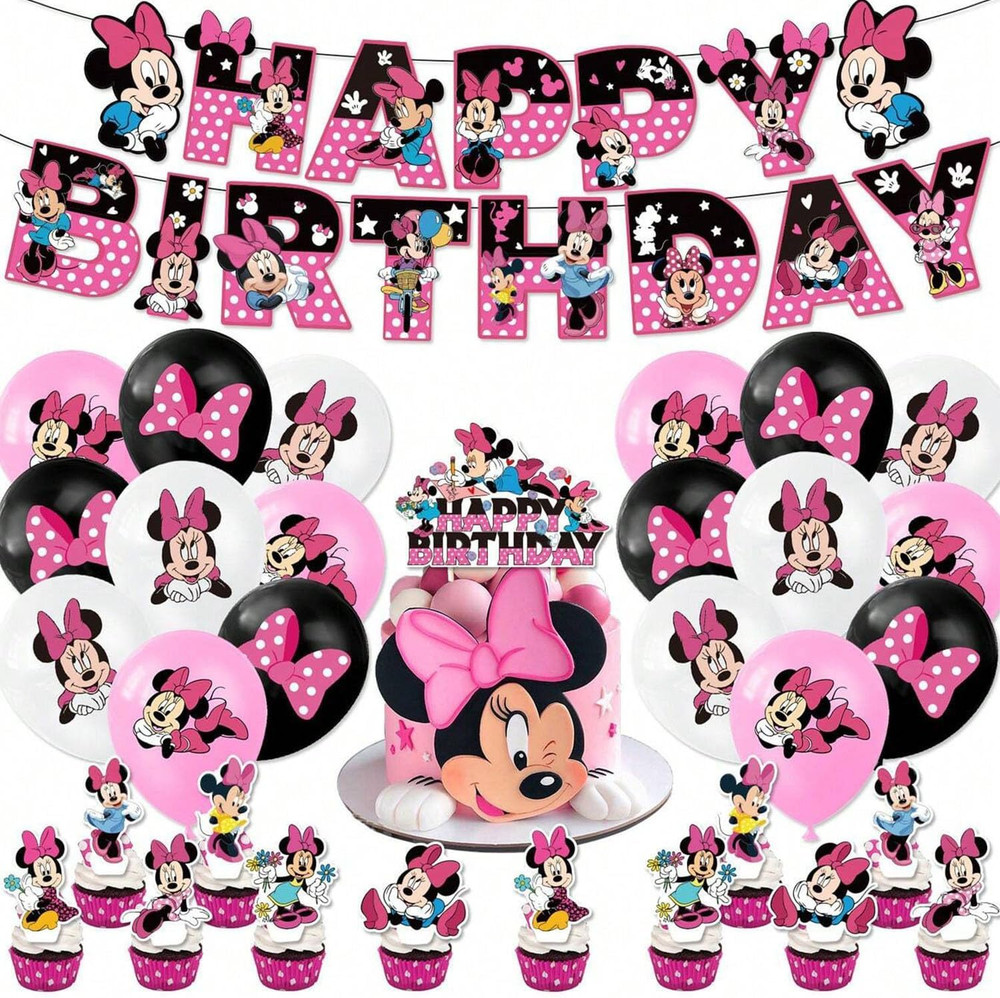 Minnie Party Supplies,32Pcs Birthday Decorations Set Include Banner, Balloons, H
