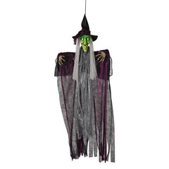 Morris Costumes 4 ft Hanging Animated Witch with Green Eyes Decoration – Black