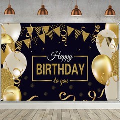 Black Gold Happy Birthday Backdrop Banner 185 x 110 cm Party Decoration