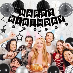 Black Silver White Birthday Party Decorations Kit Balloons Banner Adult Decor