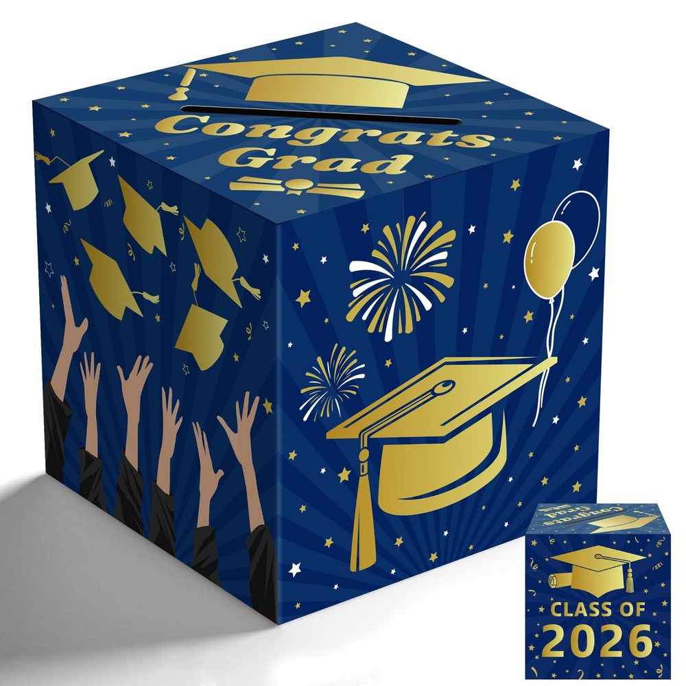 Graduation Decorations 2026 – Blue Gold Graduation Card Box for Graduation Decor