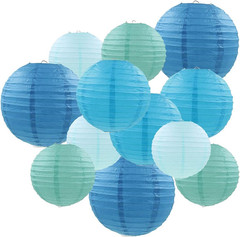 Blue Paper Lanterns 12 Pcs Assorted size of 6″ 8″ 10″ 12″ Chinese Round Paper Ha