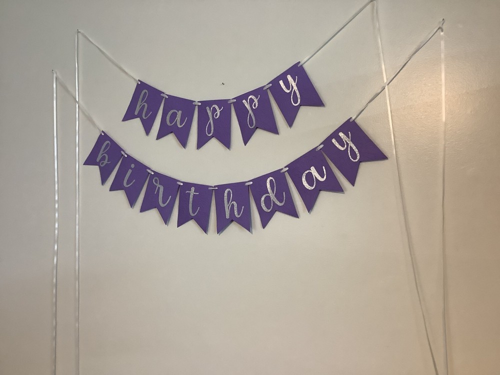 Happy Birthday Banner, Purple Embossed w/ Silver Glitter Letters, Party Bunting