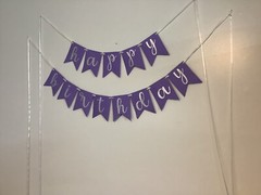 Happy Birthday Banner, Purple Embossed w/ Silver Glitter Letters, Party Bunting
