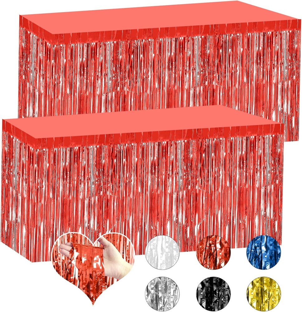 2 Pack 29.5×108 Inch Red Foil Tinsel Fringe Table Skirts Disposable Table Skirts