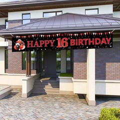 Red Black 16th Birthday Banner Decorations for 118 x 20 inches,