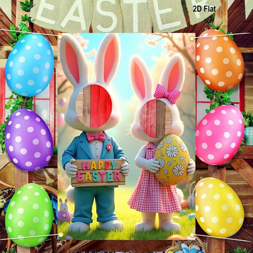 2d Flat Easter Photo Booth Props Banner with Bunny & Eggs Design Indoor Outdoor