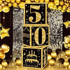 50th Birthday Decorations Boxes for Men- 3PCS Black Gold Happy
