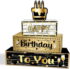 4Pcs Birthday Table Centerpiece, Happy Birthday Wooden Blocks Plaque, Black Gold