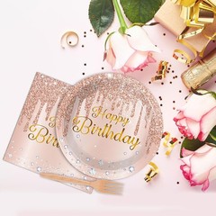 96 Piece Pink Rose Gold Birthday Tableware Set Disposable Plates Napkins Fork…