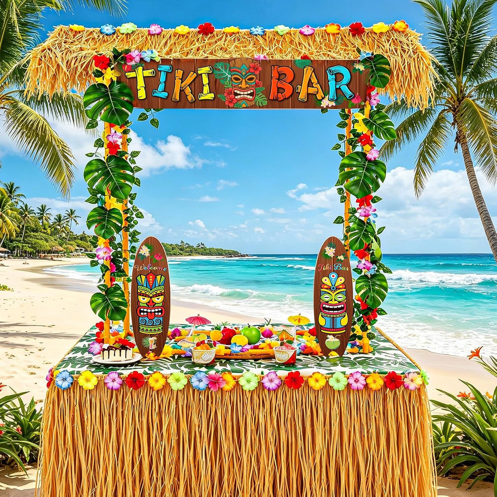 Tiki Bar Hut Kit with LED Lights, Hawaiian Luau Party Decorations Set