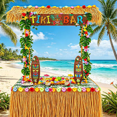 Tiki Bar Hut Kit with LED Lights, Hawaiian Luau Party Decorations Set