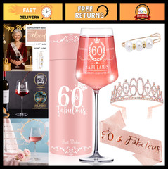 60th Birthday Gifts for Women – Sash, Crown, Rhinestone Tiara & Wine Glass Decor