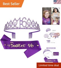 Elegant Purple Sweet 16 Birthday Crown & Sash Set for Stunning Celebrations