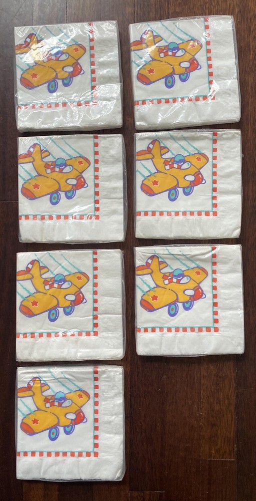 NOS Vintage Hallmark Little Flyer’s Club Party Airplane 7 Packages of 16 Napkins
