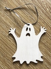 halloween Hanging decoration White Ghost Laser Cut Painted Plywood. With Ribbon.