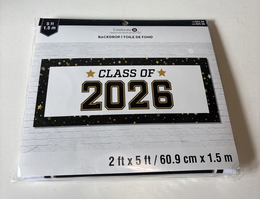 Class of 2026 Grad. 5 Ft Backdrop Black, Gold, Silver & White Celebrate It New
