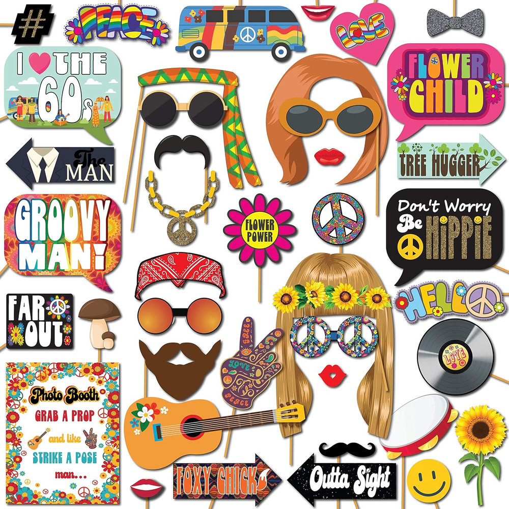 60S Photo Booth Props – 41-Pc Photo Booth Kit with 8 X 10-Inch Sign, 60 Adhesive