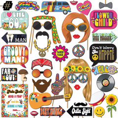 60S Photo Booth Props – 41-Pc Photo Booth Kit with 8 X 10-Inch Sign, 60 Adhesive