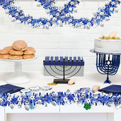 Hanukkah Tinsel Garland 36Ft Set Dreidel Star Blue Metallic Indoor Outdoor Decor