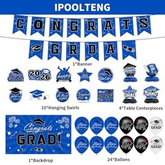 2026 Graduation Decorations Set – Blue Congrats Grad Banner, Backdrop, Balloons