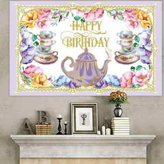 Tea Happy Birthday Banner Backdrop Background Photo Booth Props Floral Teapot Te