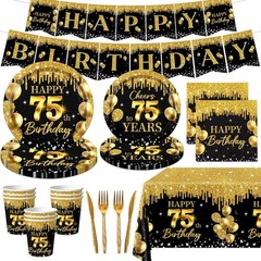 75th Birthday Decorations for Men Women, 142Pcs Black Gold 75th Birthday Deco…