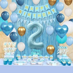 2nd Birthday Decorations Blue White Gold, 25pcs Balloons, Banner, Blue 2nd
