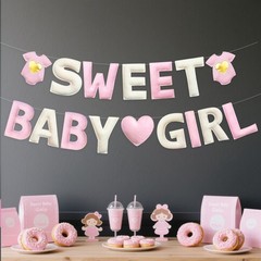 Pink Baby Shower Decorations Pre-Strung Handmade Felt Sweet Baby Girl Sign Ba…