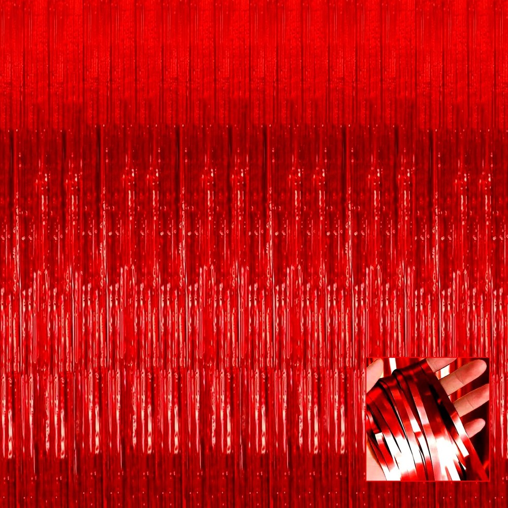 Red Foil Fringe Curtain Backdrop Metallic Tinsel Streamers 3.28×6.56 Ft 4 Pack