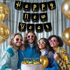 Black 10ft Happy New Banner 2026 Gold Foil Decorative Sign