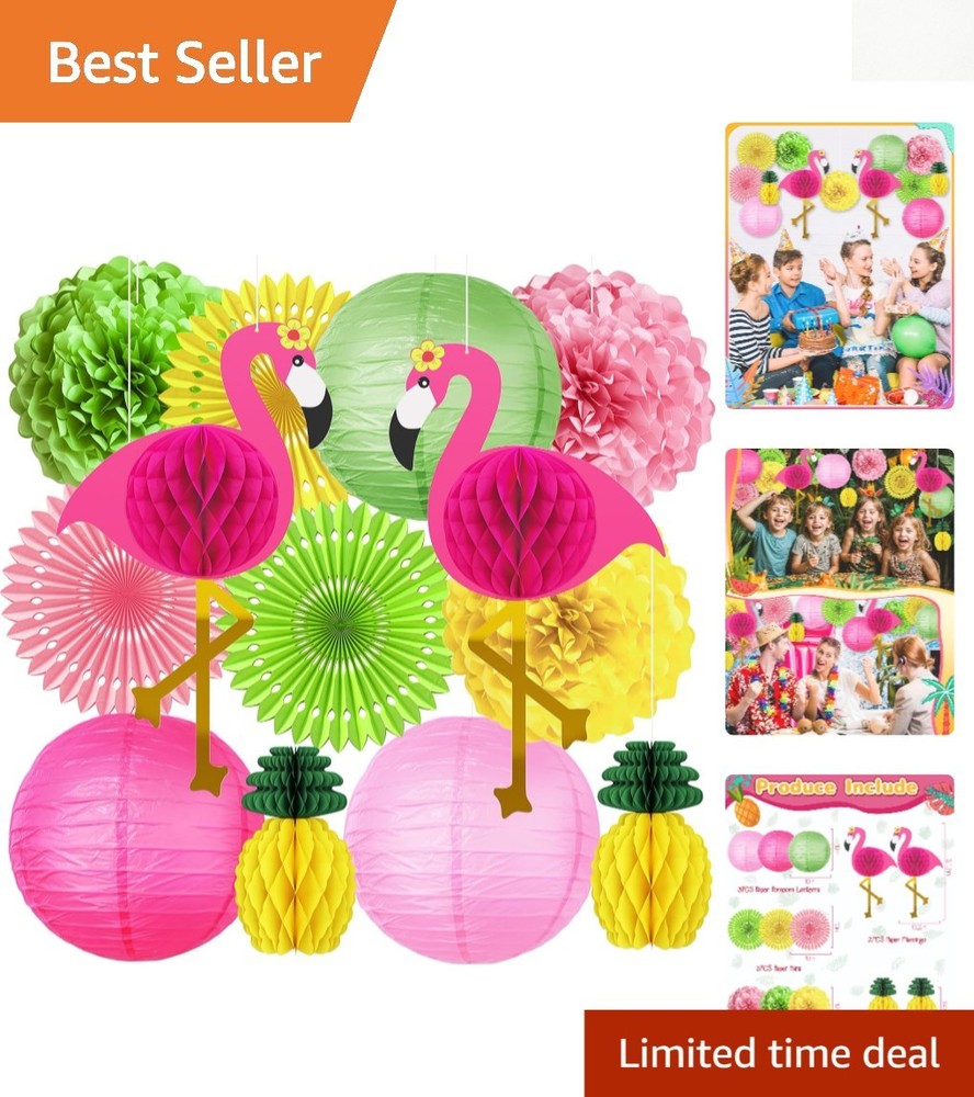 Vibrant Flamingo Honeycomb and Paper Lanterns for Tropical Parties – 13 Count
